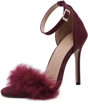 YIBLBOX Women's Feather Heels Open Toe Sandal Fluffy Fur High Heel Shoes Ankle Strap Stiletto Pump for Wedding Party Dance Evening