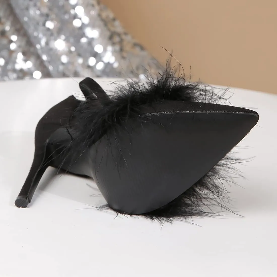 YIBLBOX Women's Feather Heels Open Toe Sandal Fluffy Fur High Heel Shoes Ankle Strap Stiletto Pump for Wedding Party Dance Evening