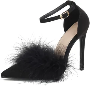 YIBLBOX Women's Feather Heels Open Toe Sandal Fluffy Fur High Heel Shoes Ankle Strap Stiletto Pump for Wedding Party Dance Evening