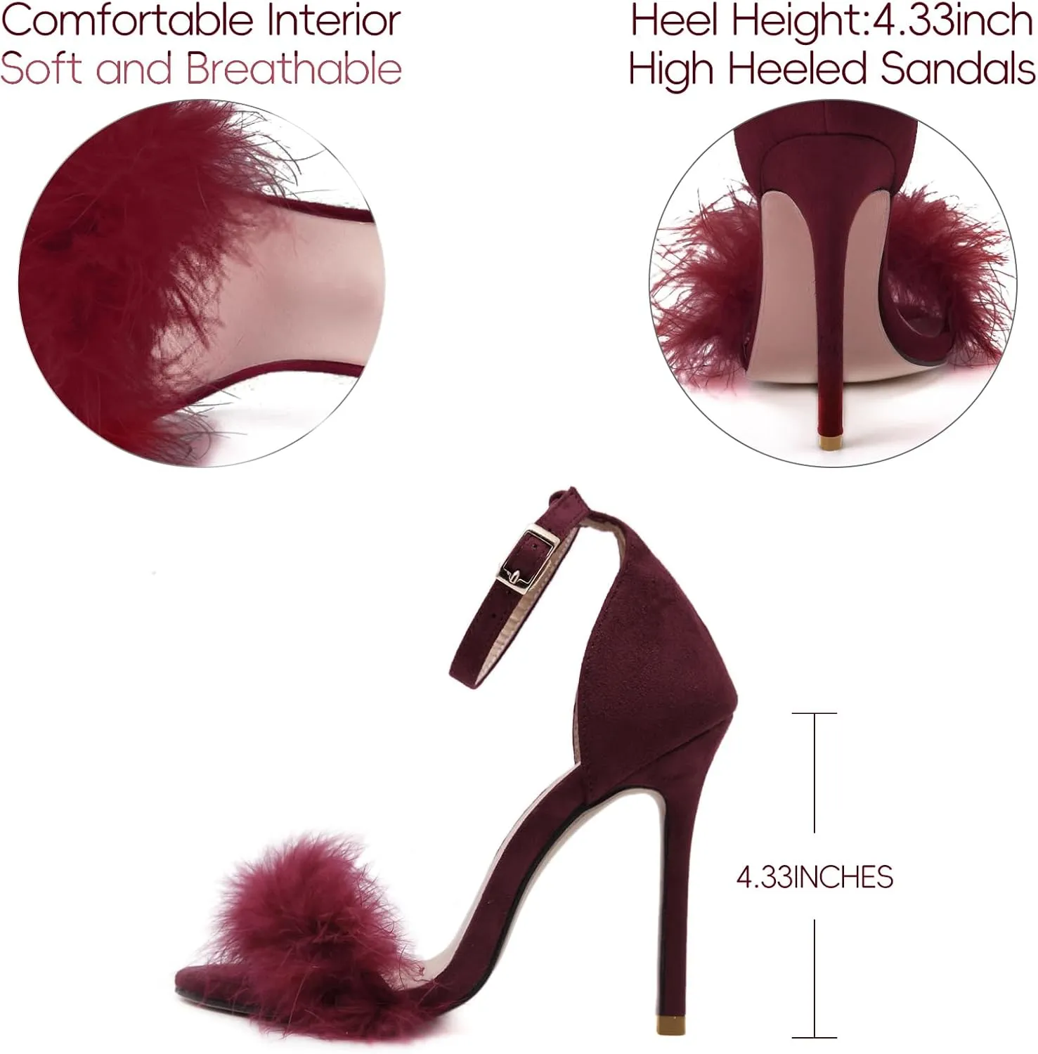 YIBLBOX Women's Feather Heels Open Toe Sandal Fluffy Fur High Heel Shoes Ankle Strap Stiletto Pump for Wedding Party Dance Evening