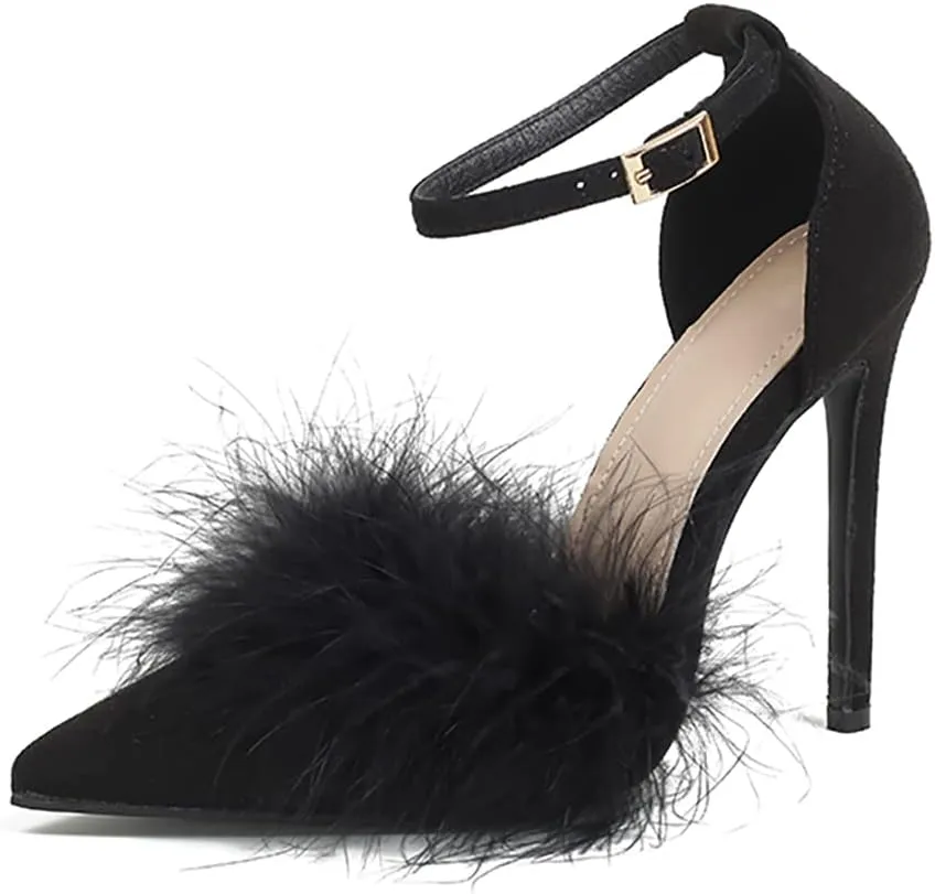 YIBLBOX Women's Feather Heels Open Toe Sandal Fluffy Fur High Heel Shoes Ankle Strap Stiletto Pump for Wedding Party Dance Evening