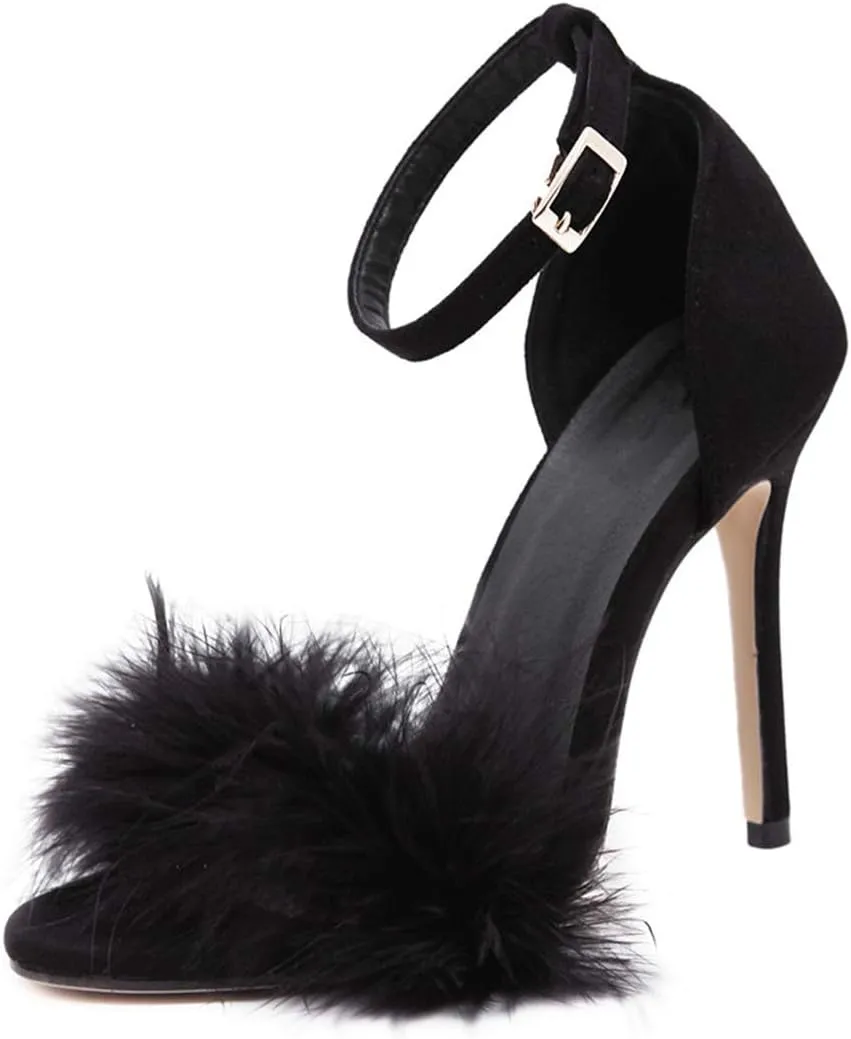 YIBLBOX Women's Feather Heels Open Toe Sandal Fluffy Fur High Heel Shoes Ankle Strap Stiletto Pump for Wedding Party Dance Evening