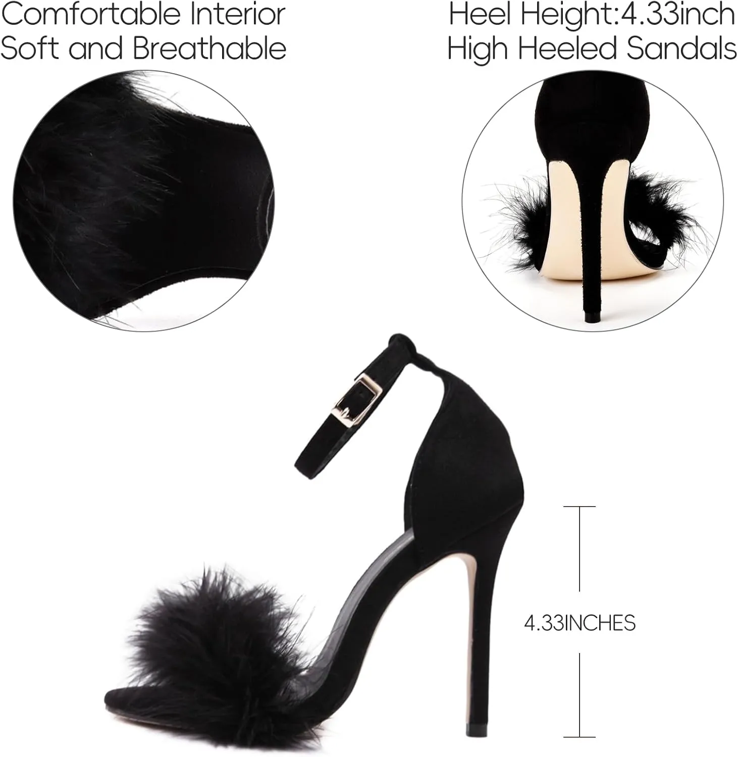 YIBLBOX Women's Feather Heels Open Toe Sandal Fluffy Fur High Heel Shoes Ankle Strap Stiletto Pump for Wedding Party Dance Evening