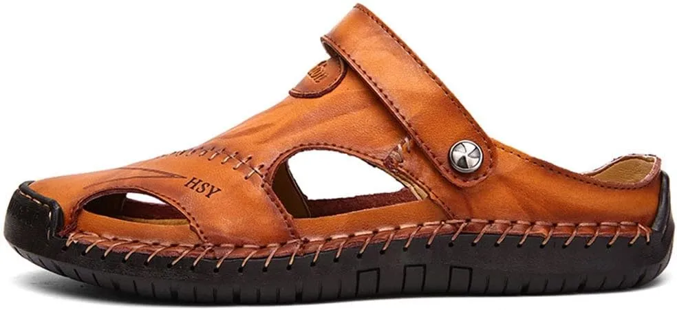 YING LAN Men's Casual Leather Fashion Sandals Closed Toe Outdoor Fisherman Hiking Shoes Lightweight Summer Water Shoes