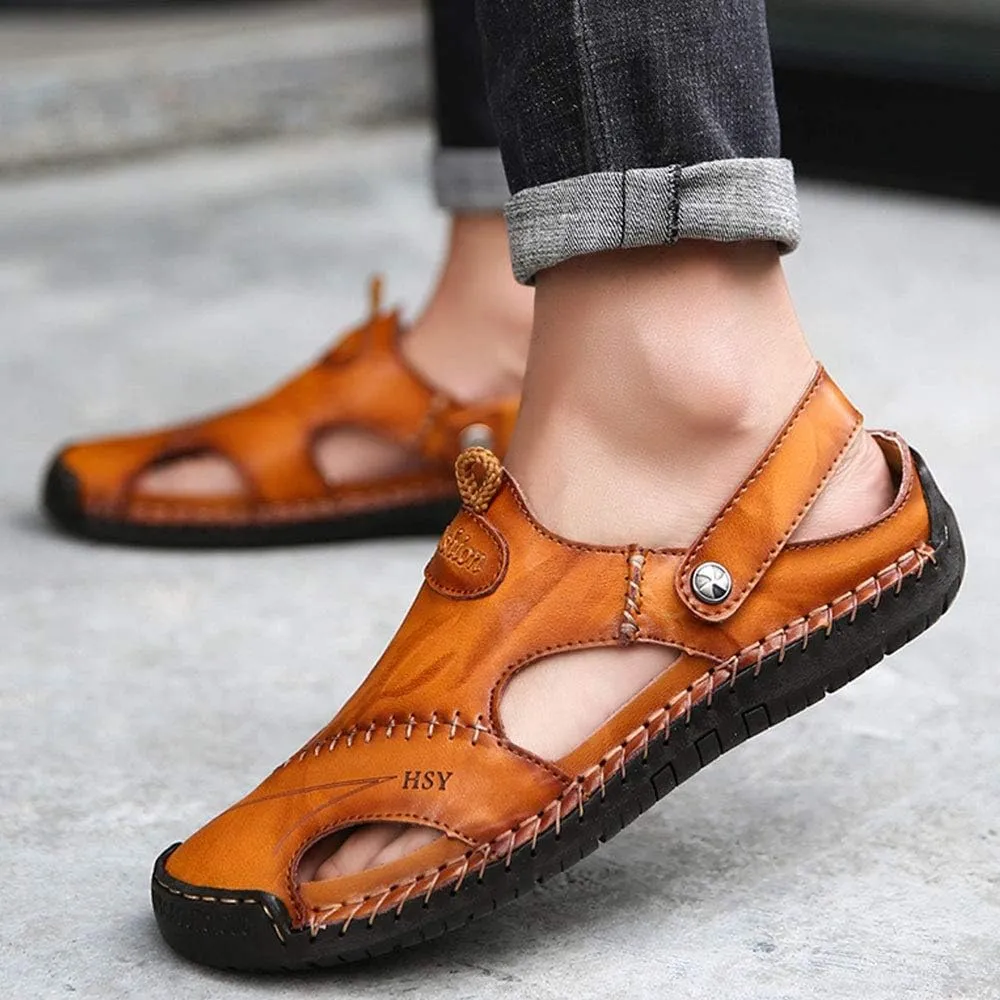 YING LAN Men's Casual Leather Fashion Sandals Closed Toe Outdoor Fisherman Hiking Shoes Lightweight Summer Water Shoes