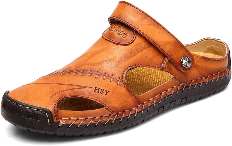 YING LAN Men's Casual Leather Fashion Sandals Closed Toe Outdoor Fisherman Hiking Shoes Lightweight Summer Water Shoes