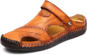 YING LAN Men's Casual Leather Fashion Sandals Closed Toe Outdoor Fisherman Hiking Shoes Lightweight Summer Water Shoes